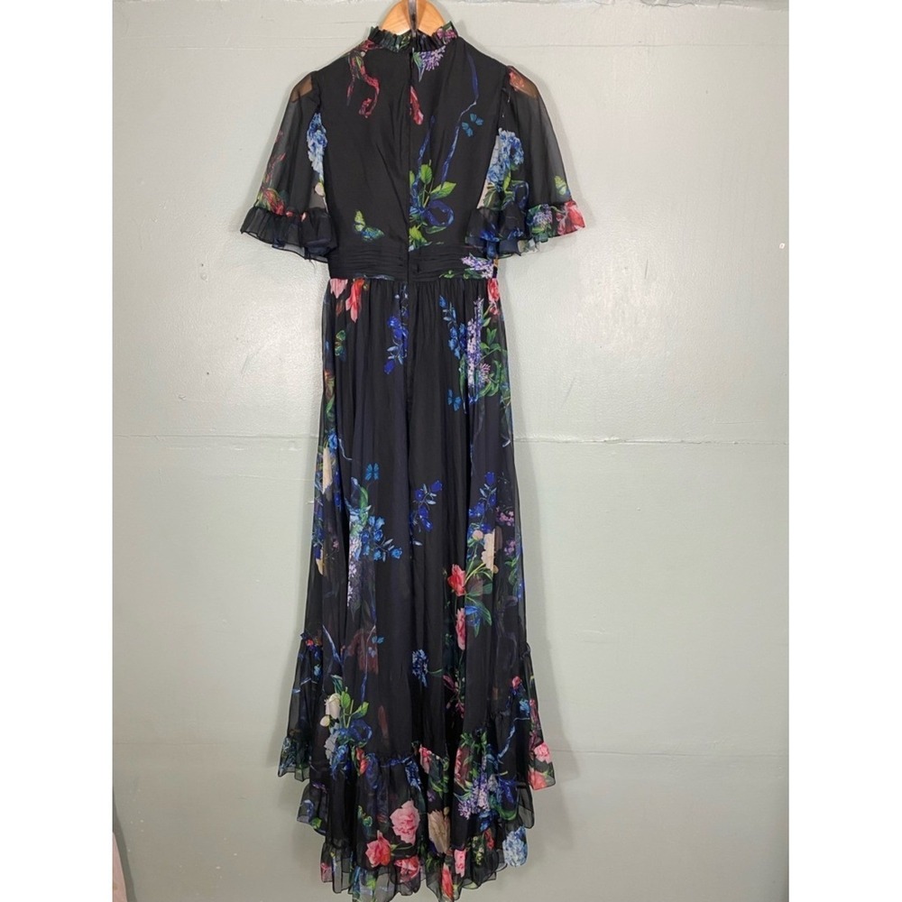 Mac Duggal Black Floral Print Ruffled High Neck Flutter Sleeve Gown Size 12 - Picture 4 of 6